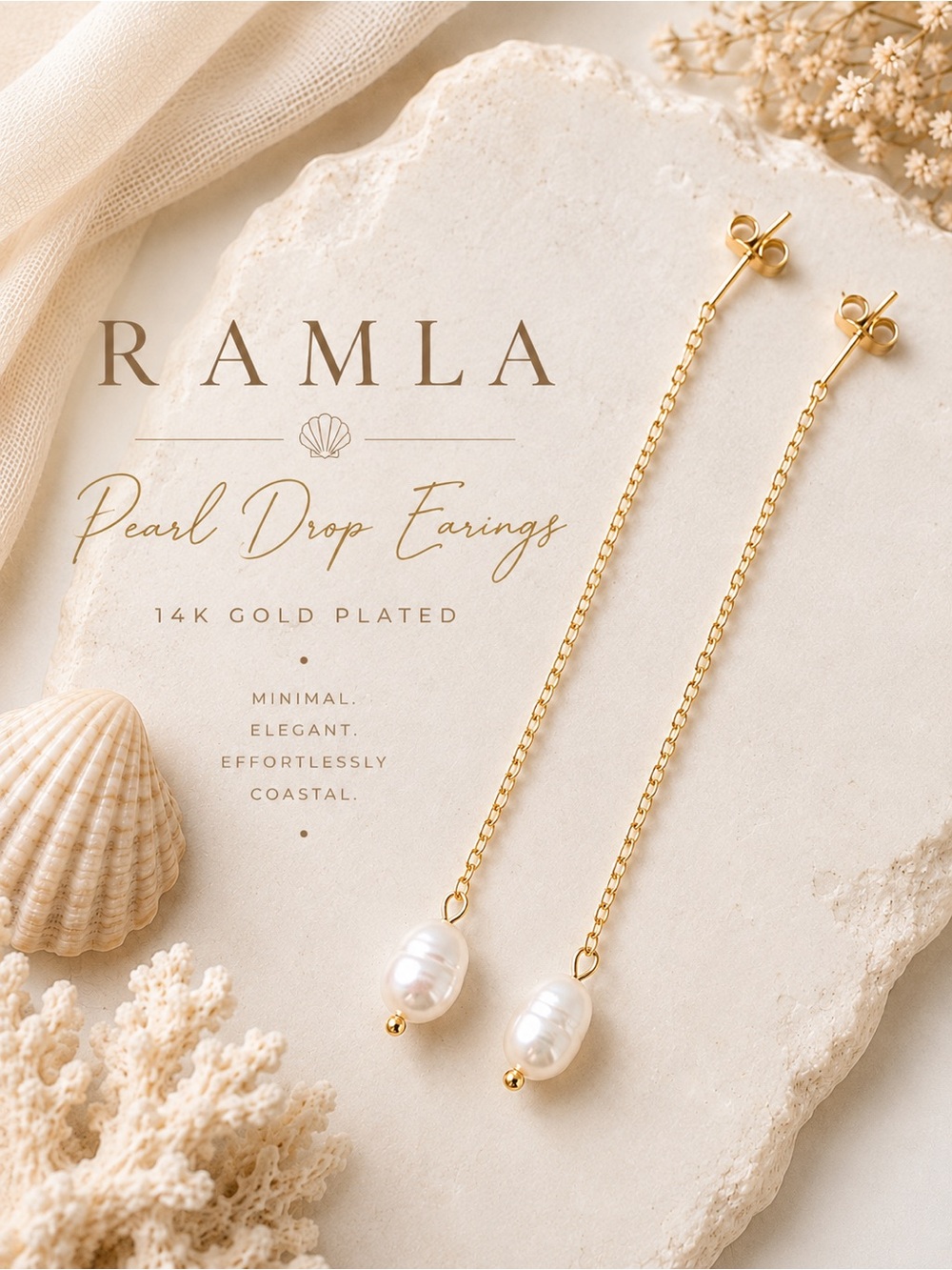 Ramla Pearl Drop Earrings 14K Gold Plated Chain Dangle NWT